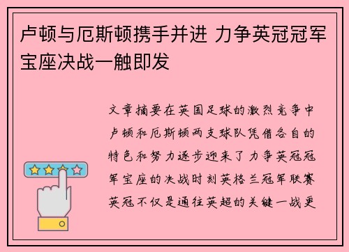 卢顿与厄斯顿携手并进 力争英冠冠军宝座决战一触即发