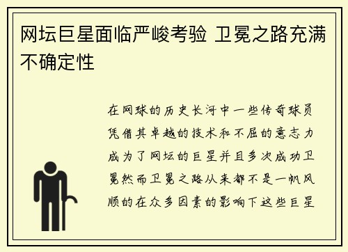 网坛巨星面临严峻考验 卫冕之路充满不确定性