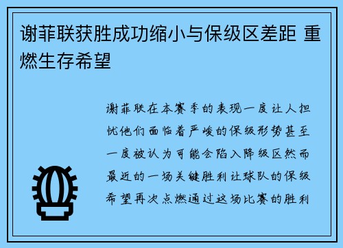 谢菲联获胜成功缩小与保级区差距 重燃生存希望