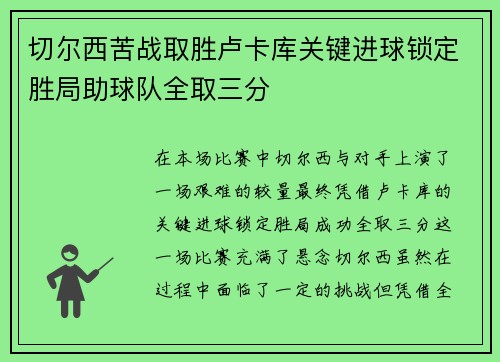 切尔西苦战取胜卢卡库关键进球锁定胜局助球队全取三分