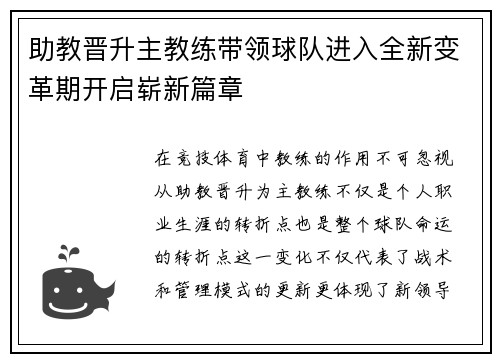 助教晋升主教练带领球队进入全新变革期开启崭新篇章