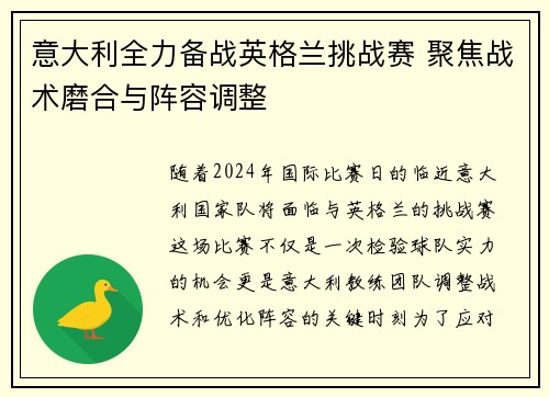 意大利全力备战英格兰挑战赛 聚焦战术磨合与阵容调整