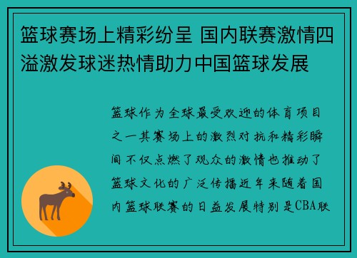 篮球赛场上精彩纷呈 国内联赛激情四溢激发球迷热情助力中国篮球发展