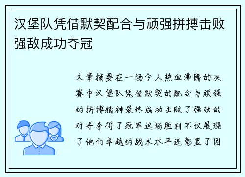 汉堡队凭借默契配合与顽强拼搏击败强敌成功夺冠