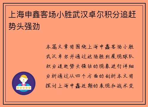 上海申鑫客场小胜武汉卓尔积分追赶势头强劲
